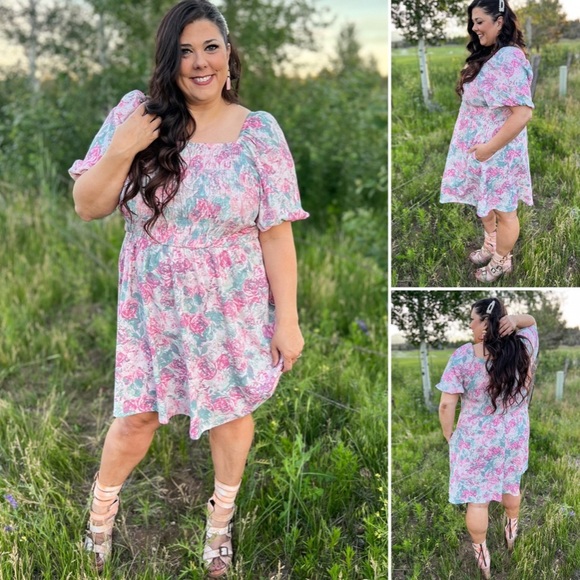 NWT LuLaRoe Alina Floral Smocked Puff Sleeve Nap Dress w Pockets | Pink Pastel - Picture 4 of 14